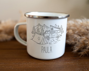 Emaille Tasse personalisiert Campervan Wohnmobil Reisen Vanlife Nachhaltig Becher Beidseitig bedruckt Name Geburtstagsgeschenk Geschenk