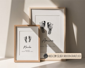 Personaliseerbare naamposter inclusief voetafdrukset handafdruk geboorteposter cadeau geboorte verjaardag doop communie babyshower peetouders