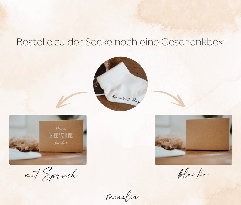 May include: A white sock with the text "du wirst Pap" embroidered on it. Two gift boxes are shown, one with a brown background and the text "kleine &Uuml;BERRASCHUNG f&uuml;r dich" and the other is blank.