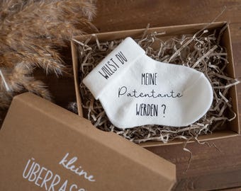 Peetmoeder Peetvader Babyvraag Zwangerschap aankondigen Wil je mijn peettante zijn Babysok Cadeaudoos Verrassingskind