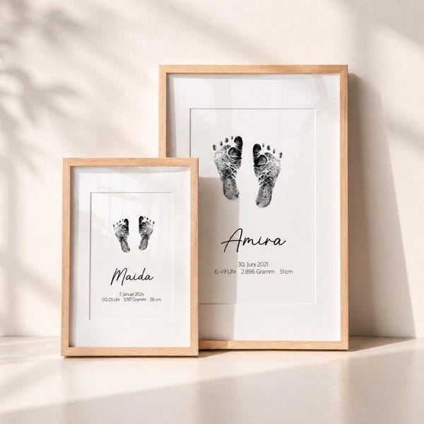 Gepersonaliseerde naamposter inclusief voetafdruk en handafdruk, geboorteposter, cadeau voor geboorte, verjaardag, doop, communie, babyshower, peetouders