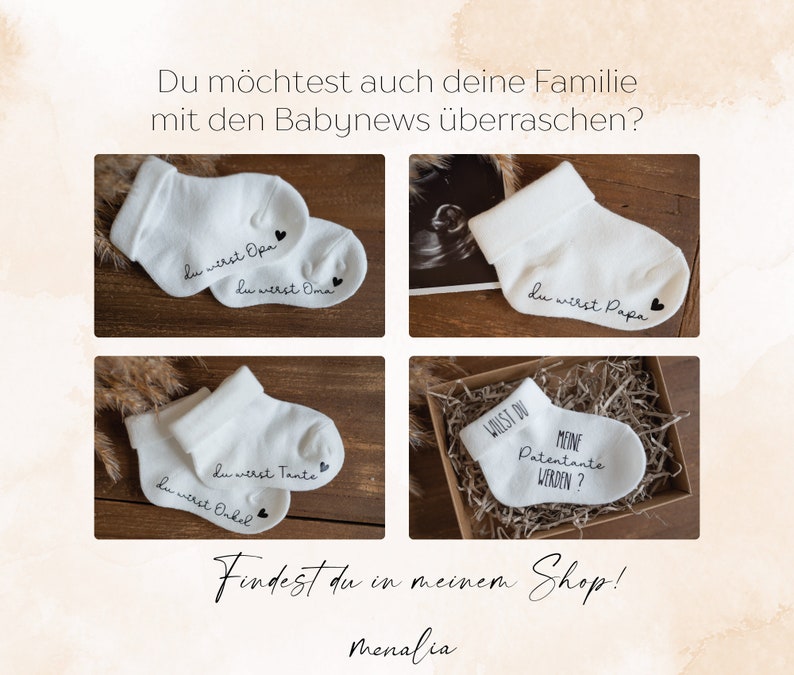 May include: Four white baby socks with black text and a small black heart. The socks say "You will be Opa", "You will be Oma", "You will be Papa", and "You will be Aunt/Uncle". The socks are displayed on a wooden surface and in a small box with shredded paper. The text on the box says "Will you be my godmother?"