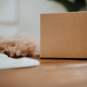 May include: A brown cardboard box sits on a wooden surface with dried grass in the foreground. The box is plain and has no markings.