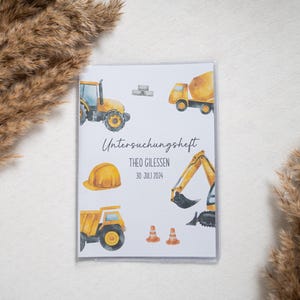 U-Heft und Impfpass Hülle personalisiert mit Namen | Bagger Baustelle | Schutzhülle Geschenk zur Schwangerschaft Geburtsdaten