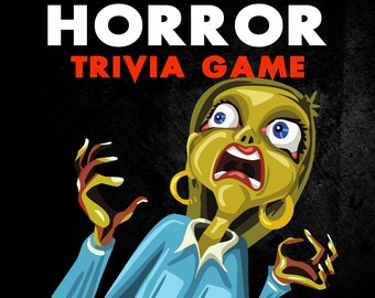 May include: A digital download for a horror trivia game. The image features a cartoon illustration of a woman with a terrified expression, wide eyes, and open mouth. She is wearing a blue shirt and has her hands raised in the air.