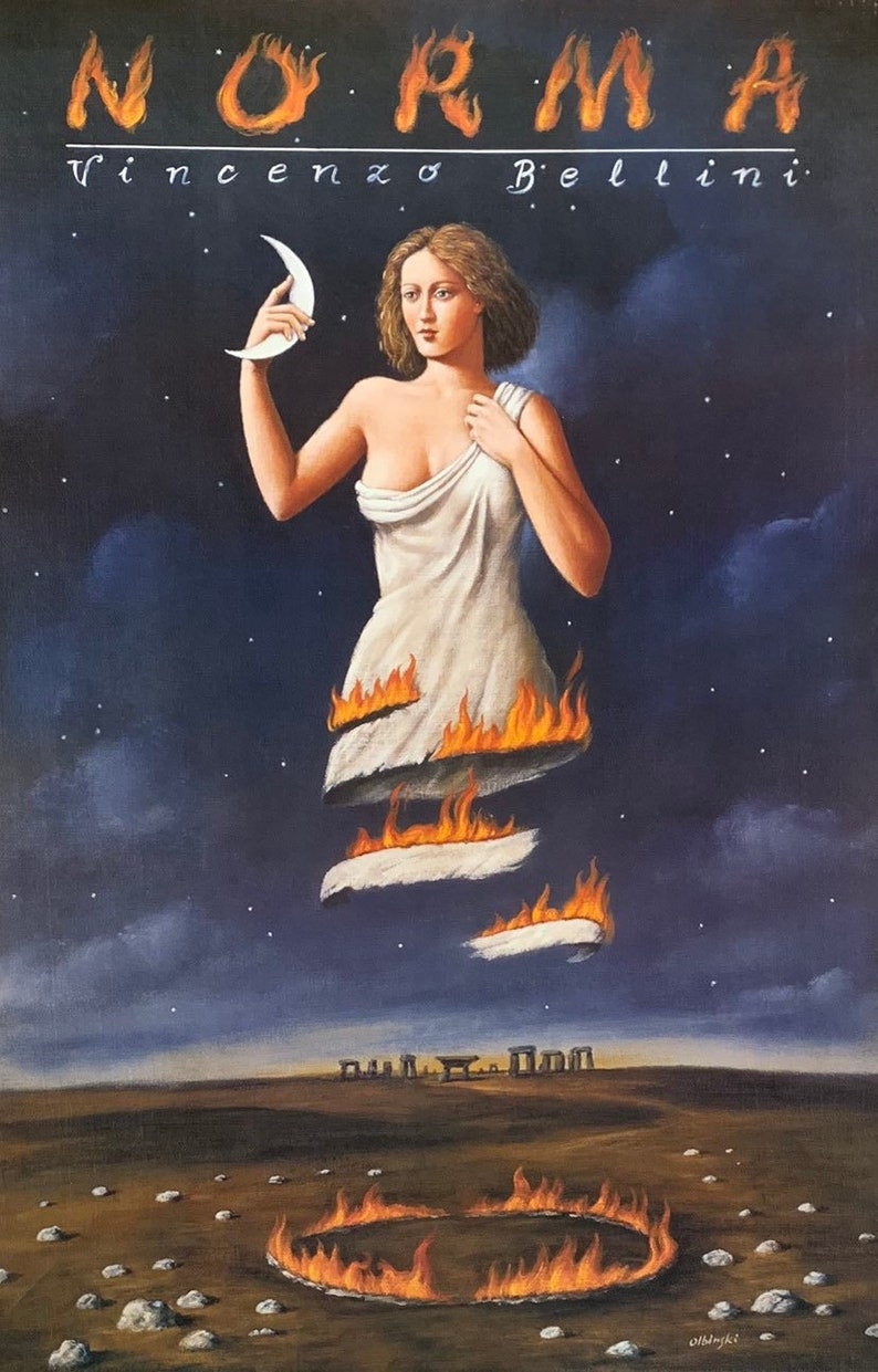 May include: A painting of a woman in a white dress with flames coming from the bottom of the dress. The woman is holding a crescent moon in her right hand. The background is a dark blue sky with stars and clouds. The text "NORMA" is written in flames at the top of the painting. The text "Vincenzo Bellini" is written below the word "NORMA".