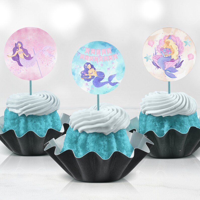 Mermaid Cupcake Toppers Printable Mermaid Birthday Party Favor Etsy