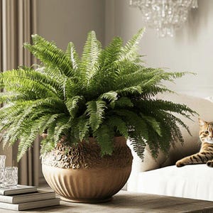 May include: A large, leafy green fern in a decorative brown pot sits on a wooden coffee table. A tabby cat rests on a cream-colored sofa. Crystal glassware and stacked books are also on the table, creating a cozy living room scene.
