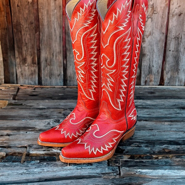 Handmade Western Red Tall Cowboy Boots Knee High / Tall red cowboy boots/ cowgirl boots / Botas vaqueras altas/ Western Knee-High boots roja