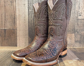 Handcrafted Men's Tooled Cowboy Boots/ Square Toe Cowboy Boots tooled / Men's Exotic boots/ Botas vaqueras cinceladas/ Men's  cowboy boots