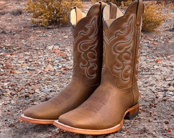 Men's Genuine Leather Square Toe Western Boots / Cowboy Rodeo BROWN Western Boots/ Handcrafted Men's Cowboy Boots/ Botas vaqueras cafe