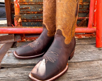 Men's Genuine Leather Square Toe Western Boots / Cowboy Rodeo BROWN Western Boots/ Handcrafted Men's Cowboy Boots/ Botas vaqueras cafe