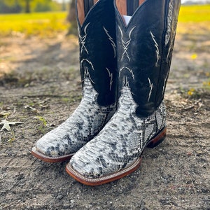 May include: A pair of black cowboy boots with white snake skin pattern on the toe and shaft. The boots have a pointed toe and a low heel.