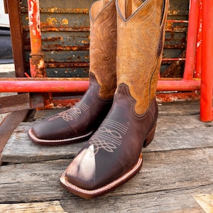 Men&#39;s Genuine Leather Square Toe Western Boots / Cowboy Rodeo BROWN Western Boots/ Handcrafted Men&#39;s Cowboy Boots/ Botas vaqueras cafe