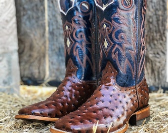 Handcrafted Men's Ostrich Cowboy Boots/ Square Toe Cowboy Handcrafted Men's Ostrich Cowboy Boots/ Square Toe Cowboy