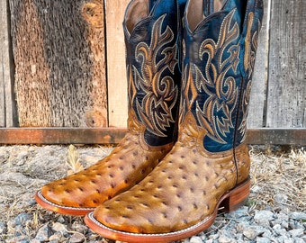 Handcrafted Men's Ostrich Cowboy Boots/ Square Toe Cowboy Boots / Men's Exotic boots/ Botas vaqueras exoticas avestruz/ Men's ostrich boots