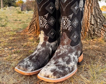 Bottes de cowboy en cuir de vache pour hommes fabriquées à la main / Bottes de cowboy à bout carré