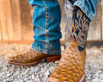 Handcrafted Men's Ostrich Cowboy Boots/ Square Toe Cowboy Boots