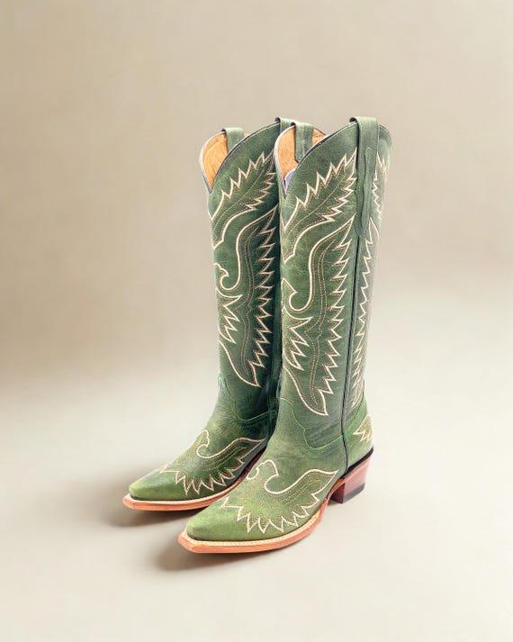 Handmade Western Green Tall Cowboy Boots Knee High/ Tall  display picture 3
