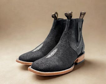 Handcrafted Men's STINGRAY Cowboy Ankle Boots/ Square Toe Cowboy Boots Ostrich/ Men's Exotic boots/ Botas vaqueras Chelsea cowboy boot