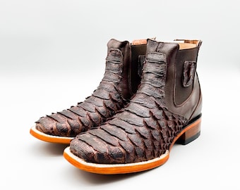 Handcrafted Men's Python Cowboy Ankle Boots/ Square Toe Cowboy Boots Snake/ Men's Exotic boots/ Botas vaqueras exoticas Chelsea cowboy boots