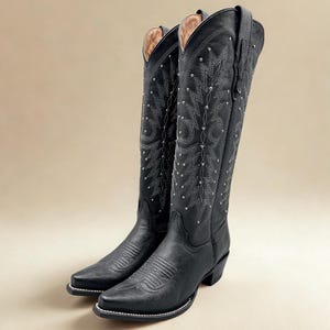 Handmade Western Tall Cowboy Boots Knee High / Tall Black cowboy boots/ cowgirl boots / Botas vaqueras altas / Western Knee-High boots black
