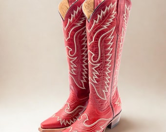 Handmade Western Red Tall Cowboy Boots Knee High / Tall red cowboy boots/ cowgirl boots / Botas vaqueras altas/ Western Knee-High boots roja