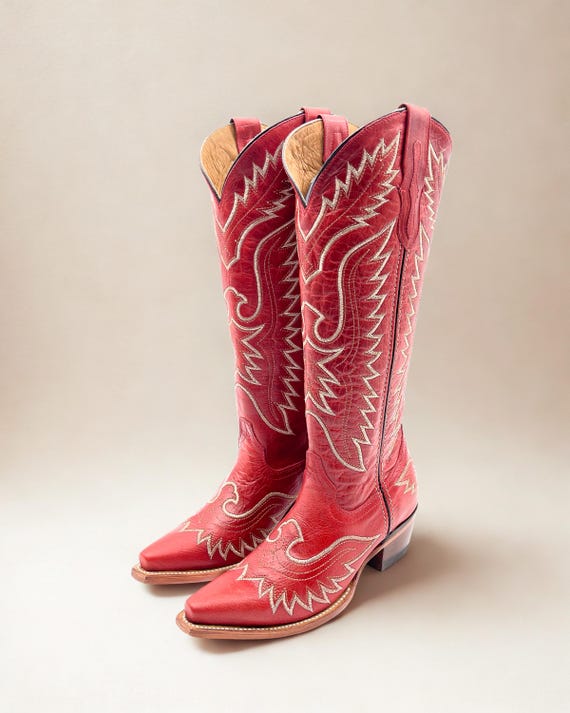 Handmade Western Red Tall Cowboy Boots Knee High Tall Red Cowboy
