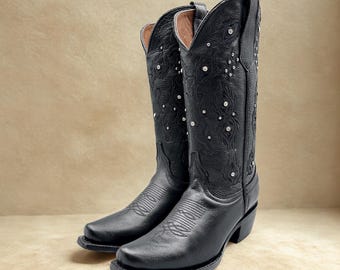 Handmade Western Tall Cowboy Boots Black High / Tall Black cowboy boots/ cowgirl boots / Botas vaqueras / Western Knee-High boots black