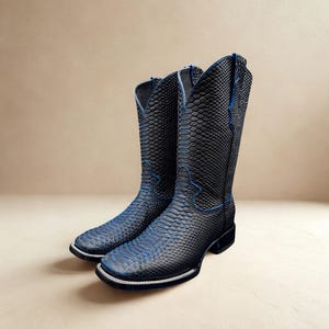 May include: A pair of black cowboy boots with a textured, snakeskin-like pattern. The boots have blue accents along the seams and upper edges. The soles are black with a white trim.