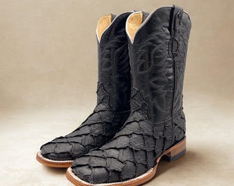 Handcrafted Men's Bass Cowboy Boots/ Square Toe Cowboy Boots Pirarucu/ Men's Exotic boots/ Botas vaqueras exoticas/ Men's fish cowboy boots