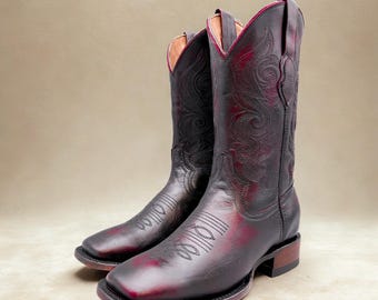 Handcrafted Men's Black Cherry Cowboy Boots/ Square Toe Cowboy Boots Cherry/ Men's Burgundy boots/ Botas vaqueras/ Men's cowboy boots guinda