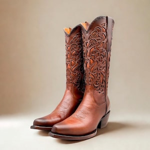Handmade Leather Floral Embroidered Boots/ Mexican Artisanal Women&#39;s Boots/ Western Boots/Cowgirl Authentic Boots/ Women&#39;s Mexican Boots