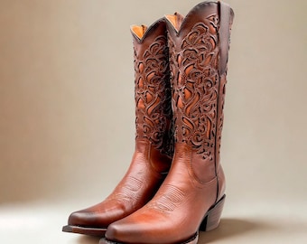 Handmade Leather Tall Floral Embroidered Boots/ Mexican Artisanal Women's Boots/ Western Boots/Cowgirl Authentic Boots/ Women's Mexican Boot