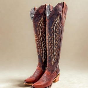 Handmade Western Tall Cowboy Boots Knee High / Tall Brown cowboy boots/ cowgirl boots / Botas vaqueras altas/ Western Knee-High boots