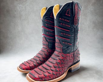 Handcrafted Men's Python Cowboy Boots/ Square Toe Cowboy Boots Snake/ Men's Exotic boots/ Botas vaqueras exoticas/ Men's  cowboy boots red