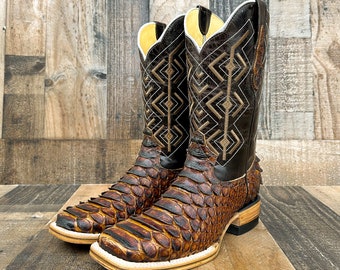 Handcrafted Men's Python Cowboy Boots/ Square Toe Cowboy Boots Snake/ Men's Exotic boots/ Botas vaqueras exoticas/ Men's  cowboy boots