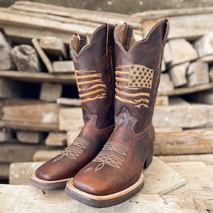 Handcrafted Men&#39;s Cowboy Boots USA Flag/ Square toe cowboy boots/ Men&#39;s Dark brown boots/ Botas vaqueras cafe/ USA FLAG