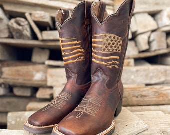 Handcrafted Men's Cowboy Boots USA Flag/ Square toe cowboy boots/ Men's Dark brown boots/ Botas vaqueras cafe/ USA FLAG