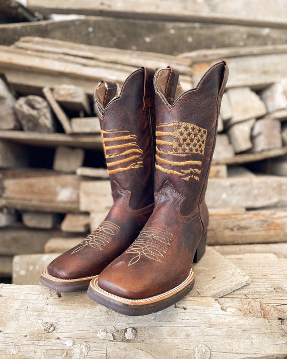 Handcrafted Men's Cowboy Boots USA Flag/ Square Toe Cowboy Boots