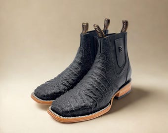 Handcrafted Men's CAIMAN Cowboy Ankle Boots/ Square Toe Cowboy Boots / Men's Exotic boots/ Botas vaqueras Chelsea cowboy boot ALLIGATOR