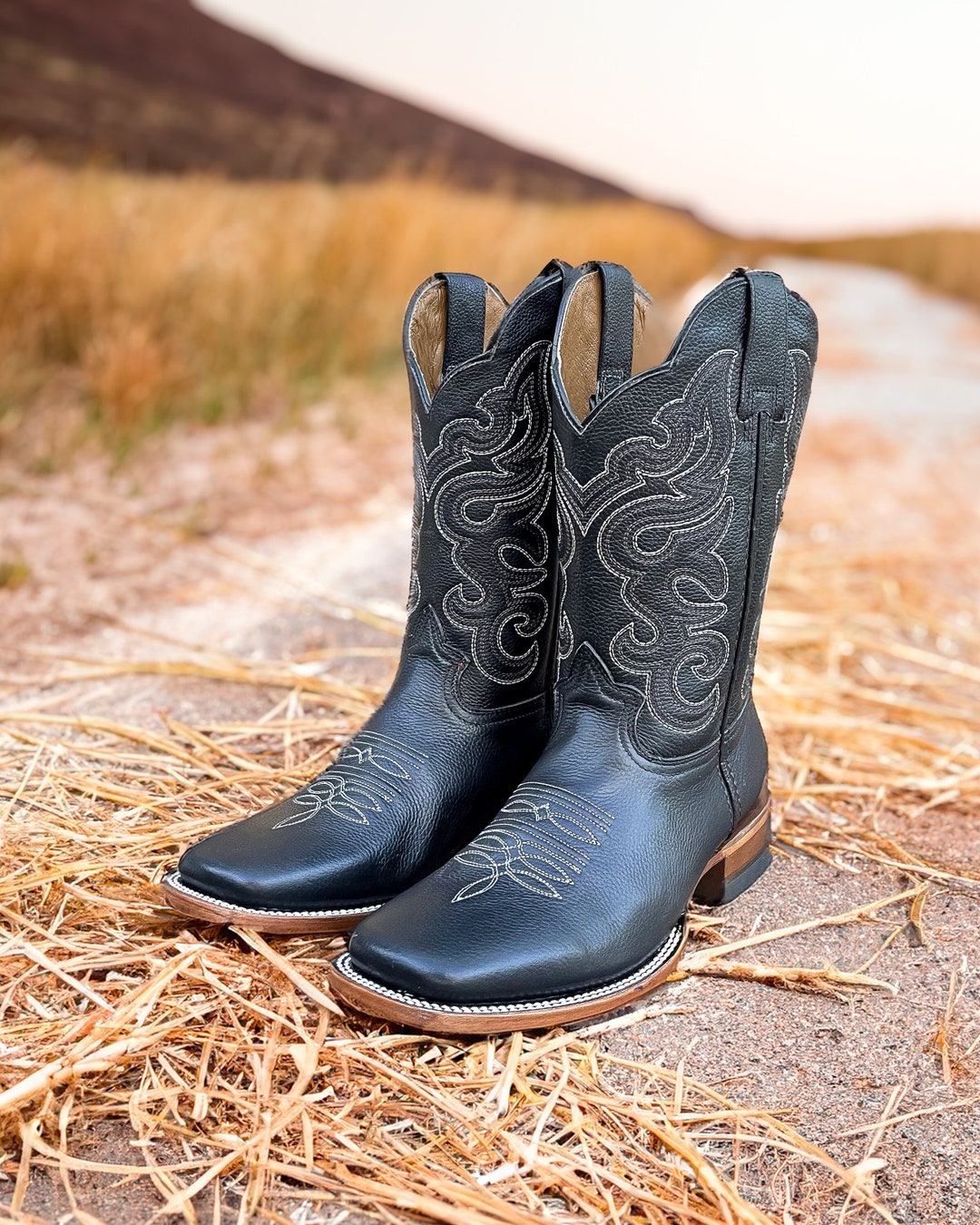Men\'s Cowboy Boots Size 10 Black Leather Handmade Intricate Detail Square Toe Men\ main image 3