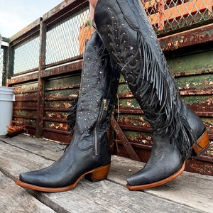 Handmade Western Tall Cowboy Boots Fringe Knee High / Tall Brown cowboy boots/ cowgirl boots / Botas vaqueras altas/ Western Knee-High boots