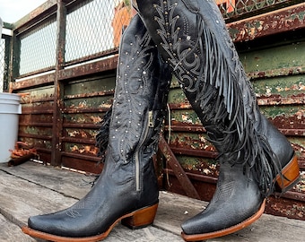 Handmade Western Tall Cowboy Boots Fringe Knee High / Tall Brown cowboy boots/ cowgirl boots / Botas vaqueras altas/ Western Knee-High boots