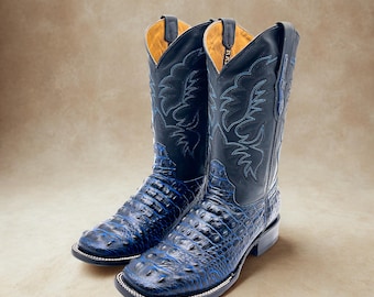 Handcrafted Men's Crocodile Alligator Cowboy Boots Blue / Square Toe Cowboy/ Men's Exotic boots/ Botas vaqueras exoticas/ Men's cowboy boots