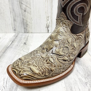 Handcrafted Men's Tooled Cowboy Boots/ Square Toe Cowboy Boots Tooled ...