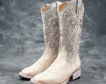 Western Cowboy Boots / white cowboy boots / cowgirl boots/ wedding cowboy boots/ stagecoach boots/ Snake print python boots