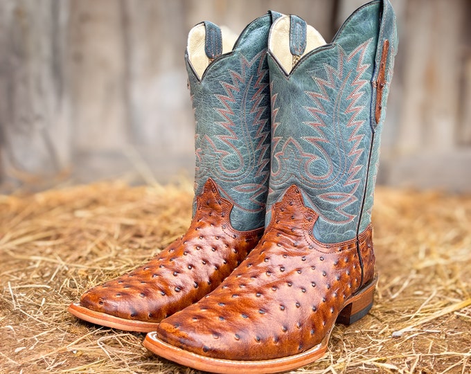 Handcrafted Men's Ostrich Cowboy Boots/ Square Toe Cowboy Boots / Men's Exotic boots/ Botas vaqueras exoticas avestruz/ Men's ostrich boots
