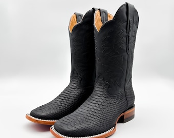 Handcrafted Men's Python Cowboy Boots/ Square Toe Cowboy Boots Snake/ Men's Exotic boots/ Botas vaqueras exoticas/ Men's  cowboy boots black