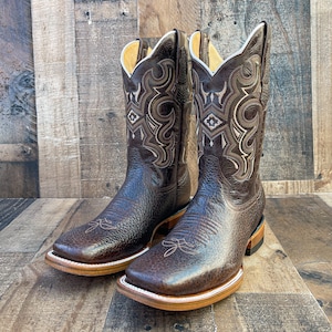 Men&#39;s Genuine Leather Square Toe Western Boots / Cowboy Rodeo BROWN Western Boots/ Handcrafted Men&#39;s Cowboy Boots/ Botas vaqueras cafe